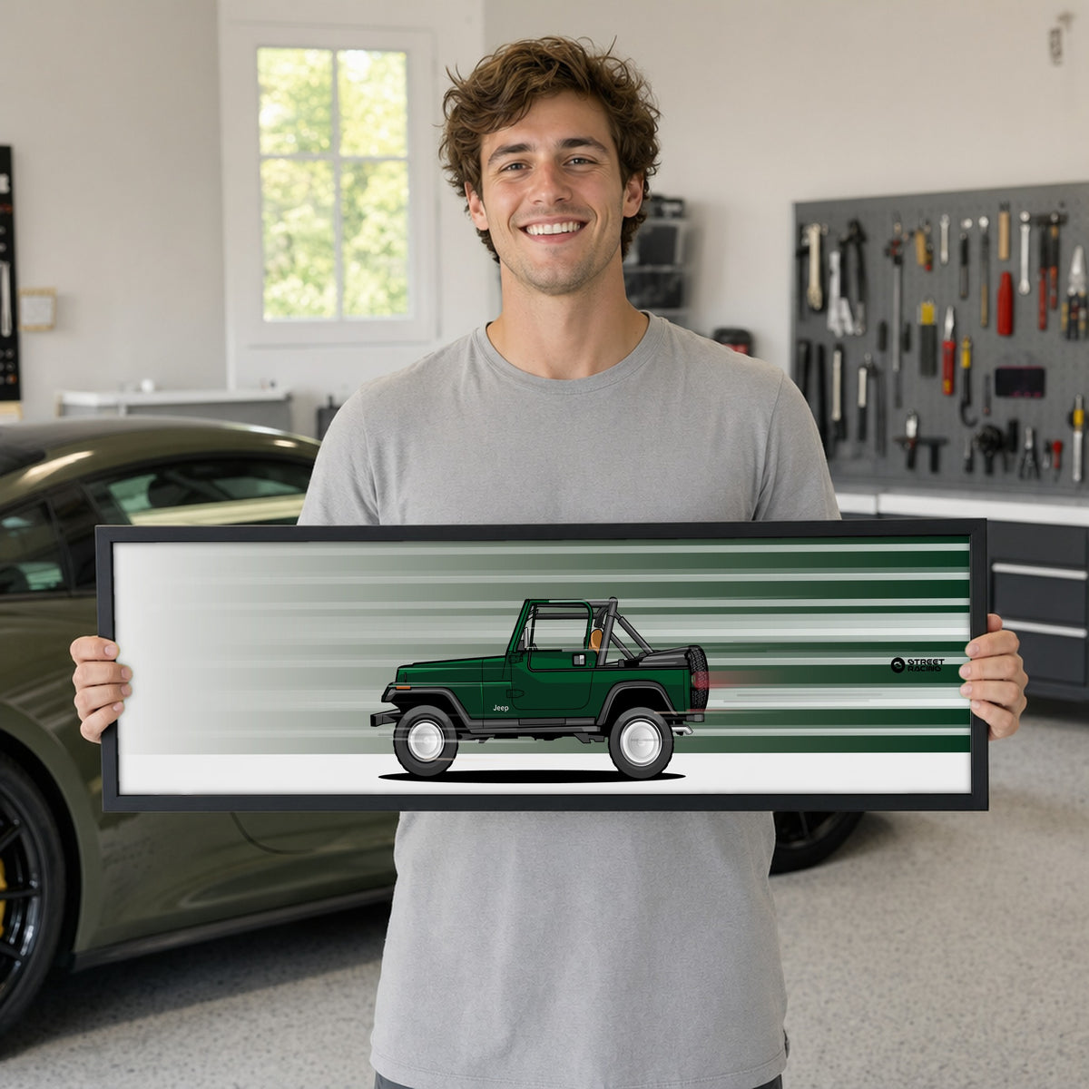 Cuadro arte en movimiento Jeep Wrangler YJ color Hunter Green en manos de una persona – StreetRacing