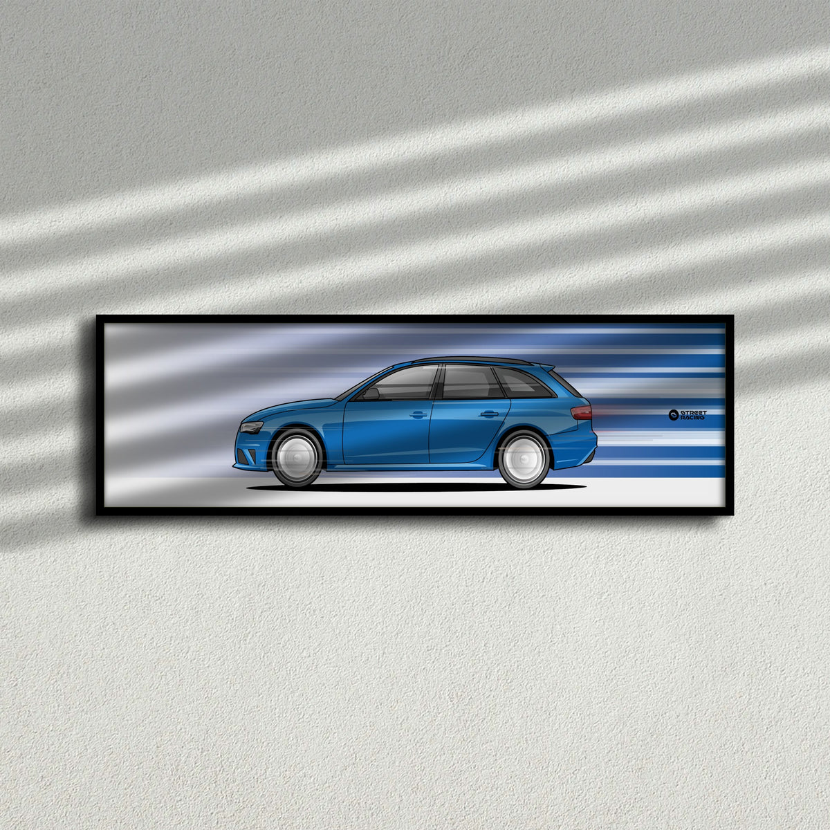 Cuadro arte en movimiento Audi RS4 Avant 2014 color Sepang Blue en la pared – StreetRacing