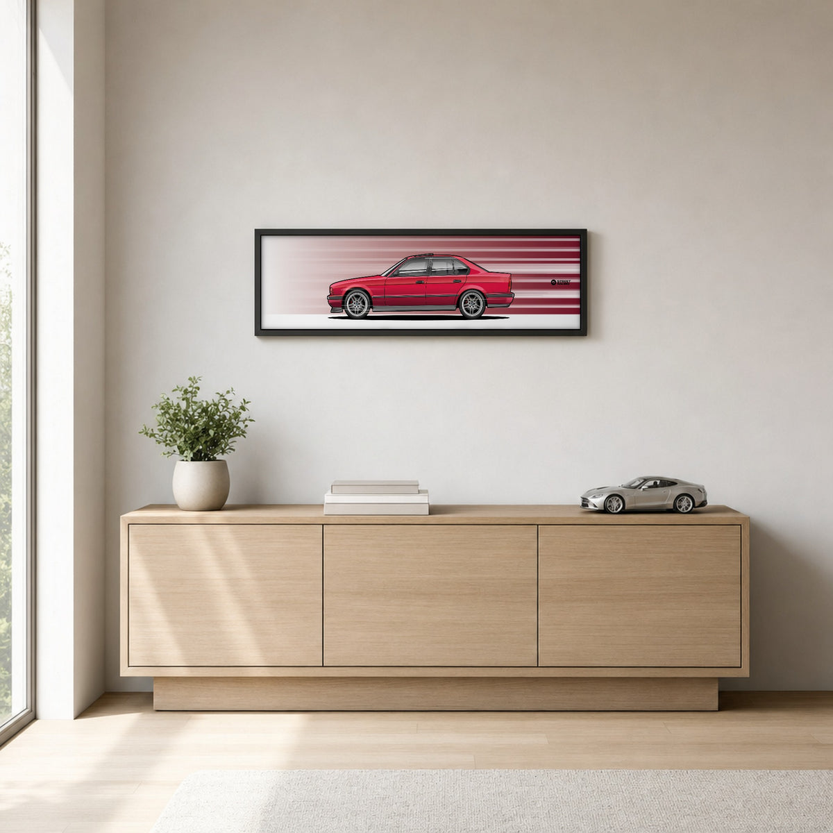 Cuadro arte en movimiento BMW 540i E34 color Calypso Red en un living – StreetRacing