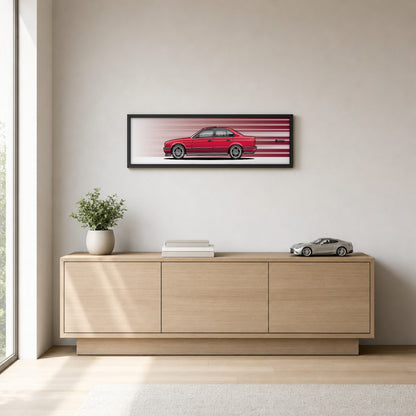 Cuadro arte en movimiento BMW 540i E34 color Calypso Red en un living – StreetRacing