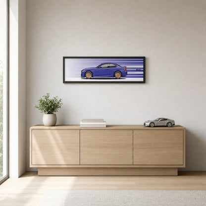 Cuadro arte en movimiento BMW M2 CS color Twilight Purple en un living – StreetRacing