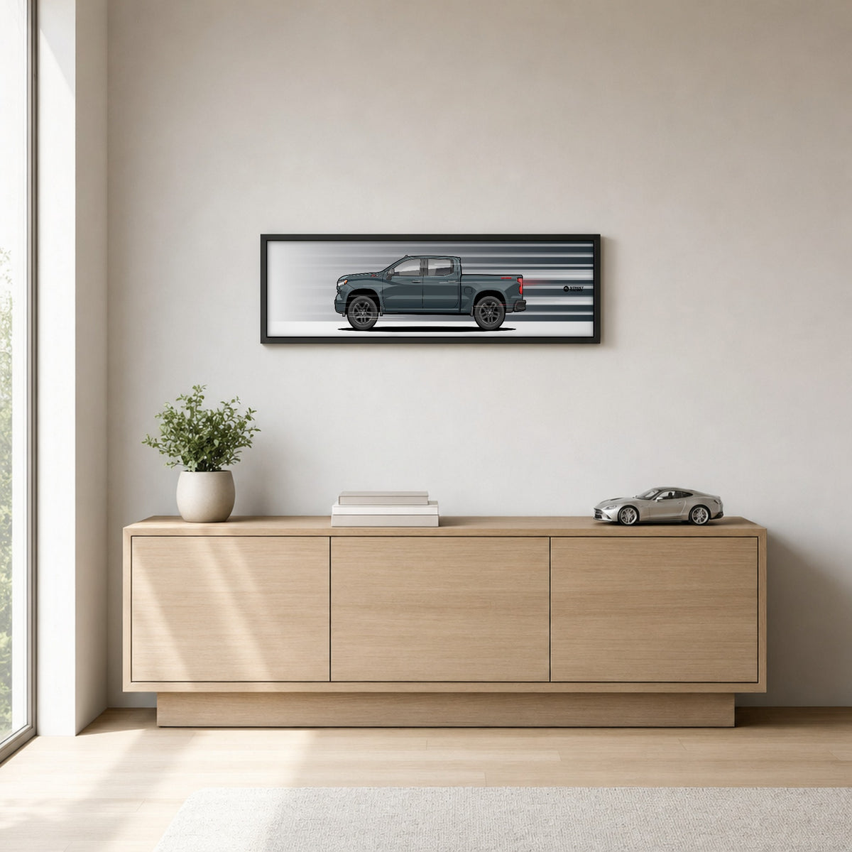 Cuadro arte en movimiento Chevrolet Silverado 2025 color Slate Gray en un living – StreetRacing