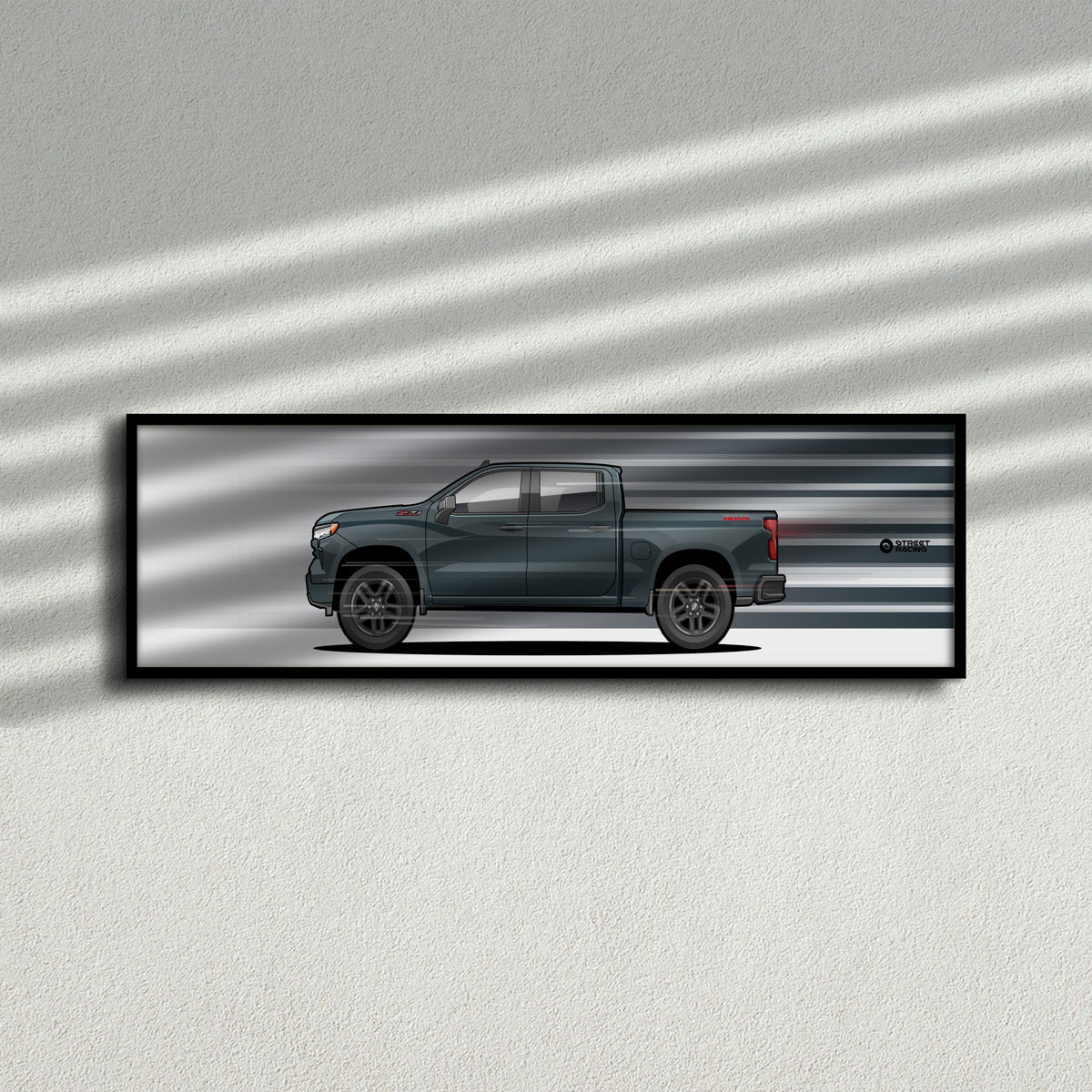 Cuadro arte en movimiento Chevrolet Silverado 2025 color Slate Gray en la pared – StreetRacing