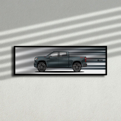 Cuadro arte en movimiento Chevrolet Silverado 2025 color Slate Gray en la pared – StreetRacing