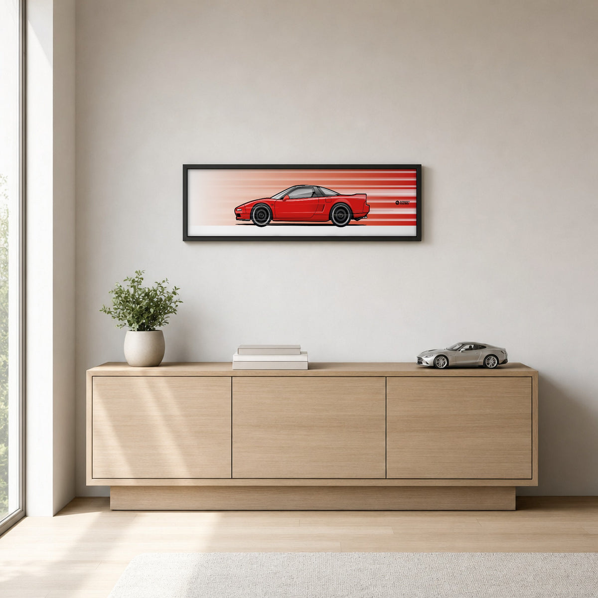 Cuadro arte en movimiento Honda NSX NA1 color Formula Red en un living – StreetRacing