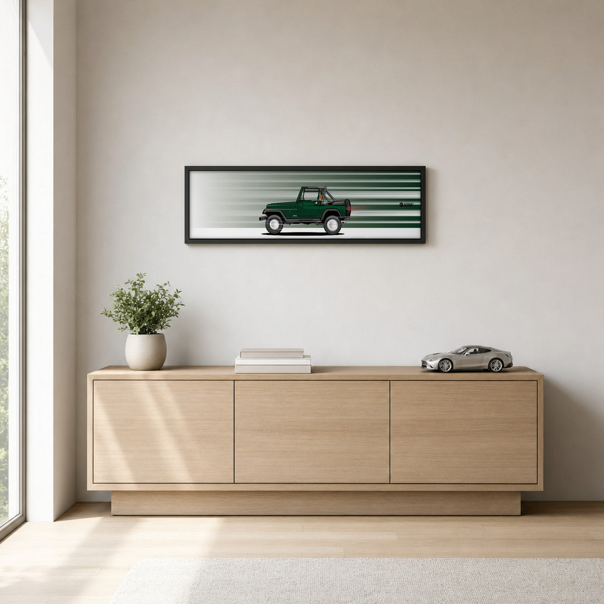 Cuadro arte en movimiento Jeep Wrangler YJ color Hunter Green en un living – StreetRacing