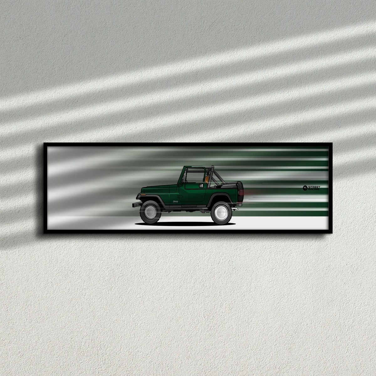 Cuadro arte en movimiento Jeep Wrangler YJ color Hunter Green en la pared – StreetRacing