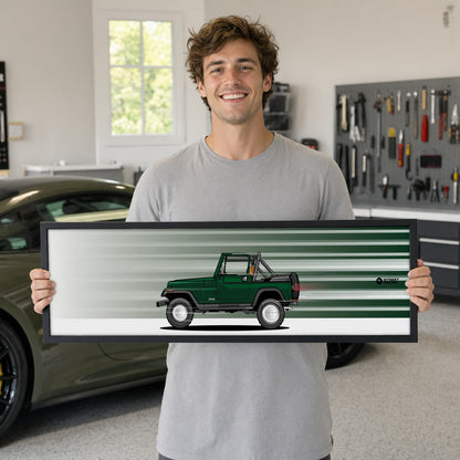 Cuadro arte en movimiento Jeep Wrangler YJ color Hunter Green en manos de una persona – StreetRacing
