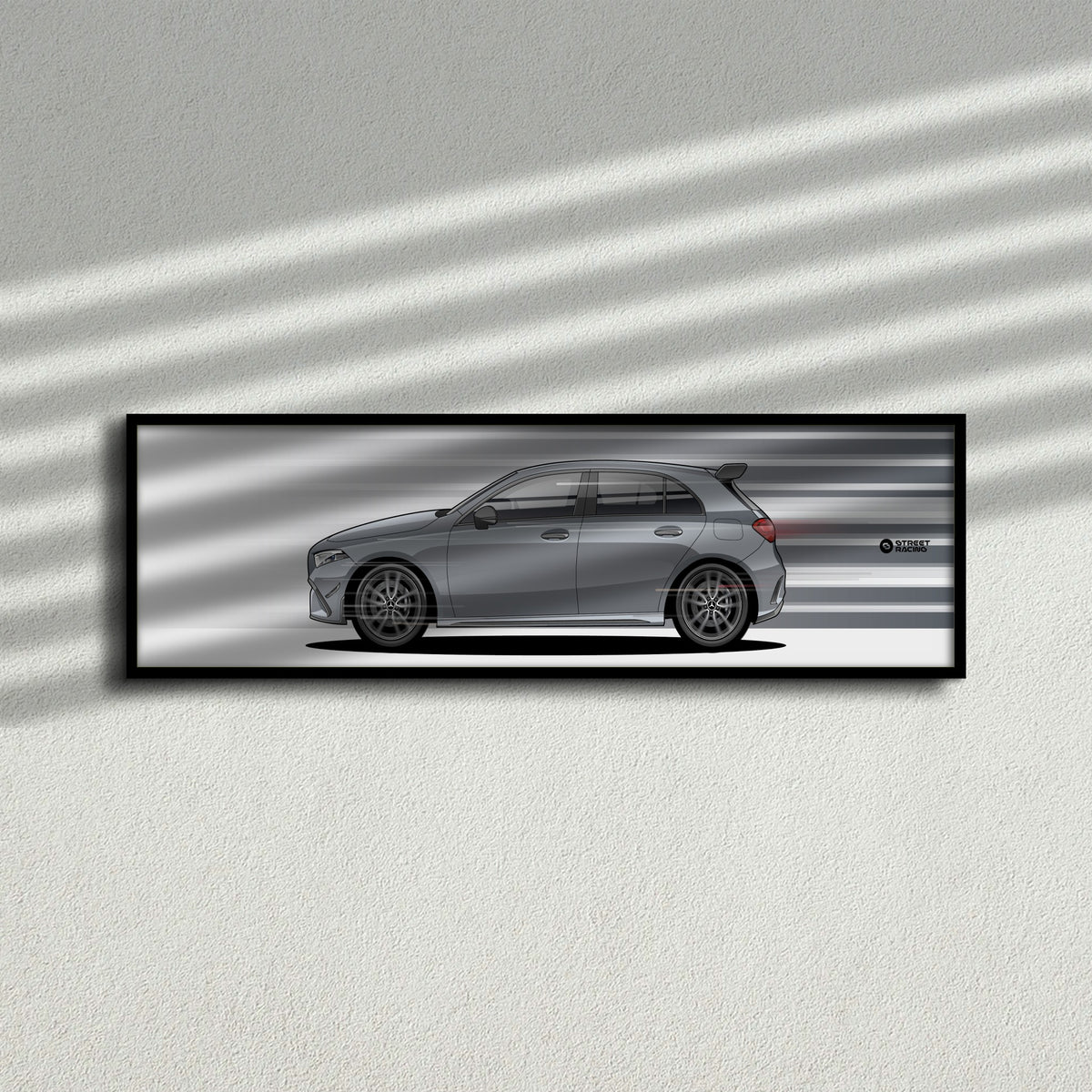 Cuadro arte en movimiento Mercedes-AMG A 35 2026 color Mountain Grey en la pared – StreetRacing