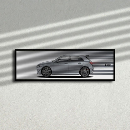 Cuadro arte en movimiento Mercedes-AMG A 35 2026 color Mountain Grey en la pared – StreetRacing