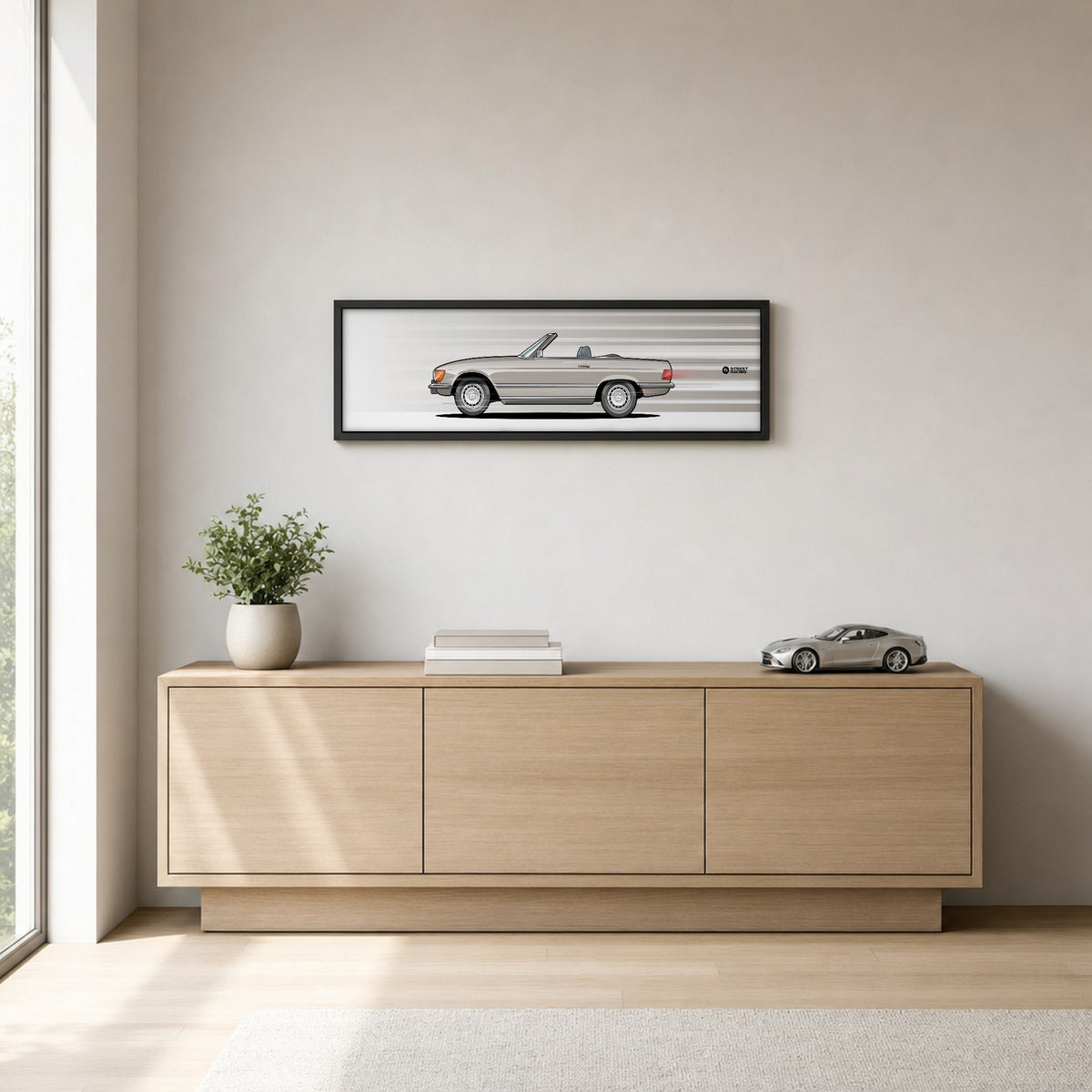 Cuadro arte en movimiento Mercedes-Benz 450 SL 1975 color Champagne en un living – StreetRacing