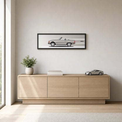 Cuadro arte en movimiento Mercedes-Benz 450 SL 1975 color Champagne en un living – StreetRacing
