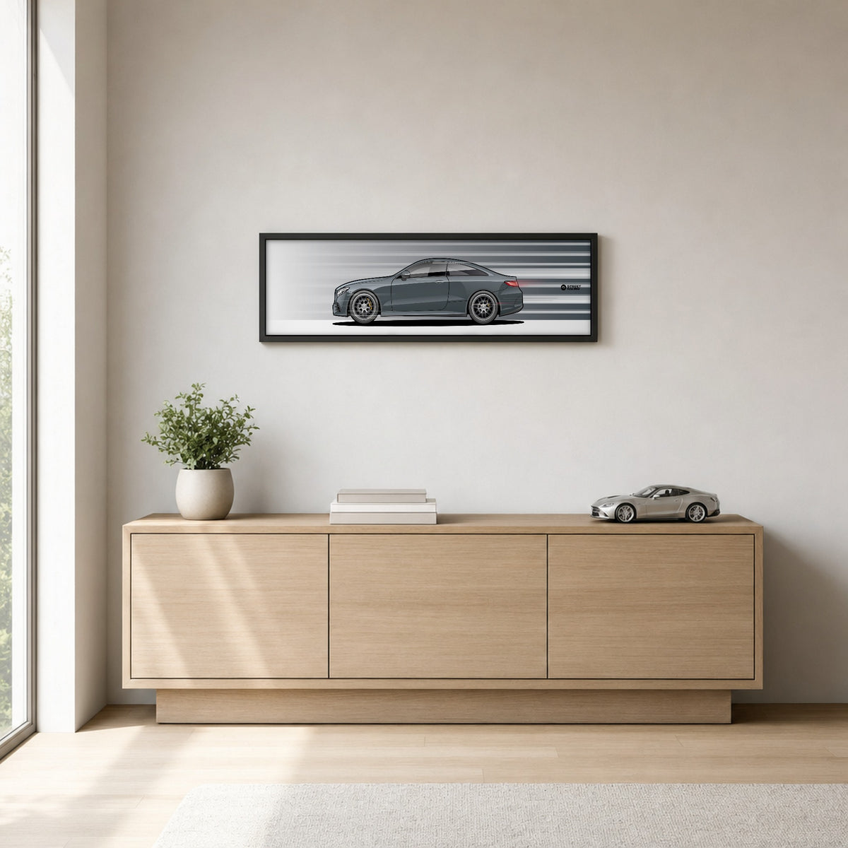Cuadro arte en movimiento Mercedes-Benz E 300 Coupé color Selenite Grey en un living – StreetRacing