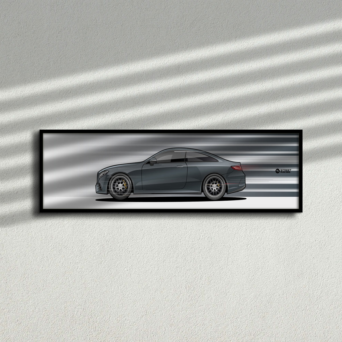 Cuadro arte en movimiento Mercedes-Benz E 300 Coupé color Selenite Grey en la pared – StreetRacing