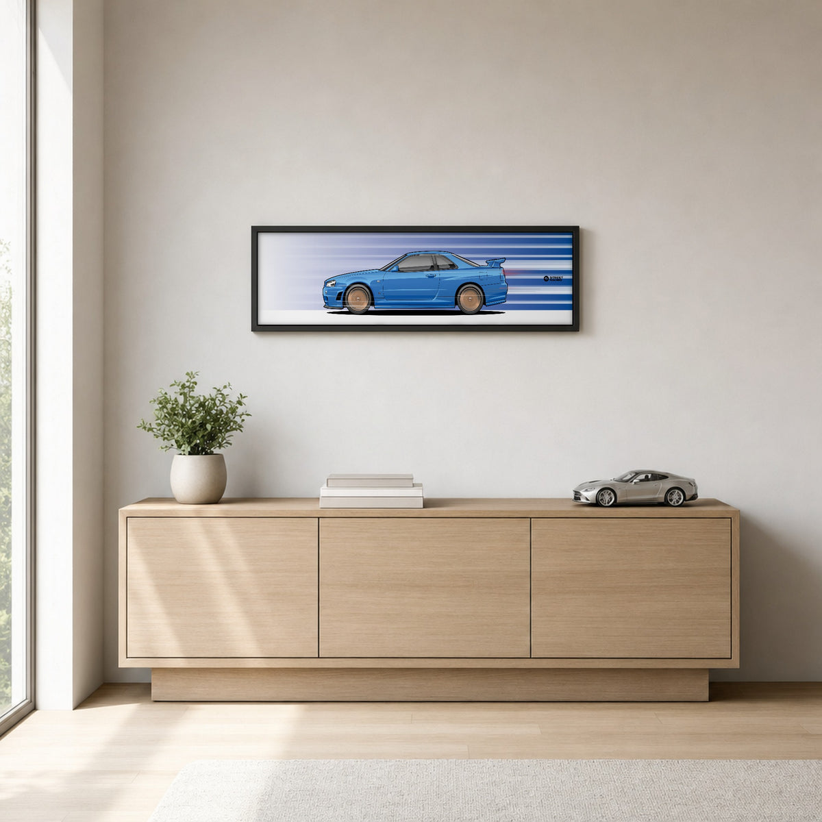 Cuadro arte en movimiento Nissan Skyline GT-R R34 color Bayside Blue en un living – StreetRacing