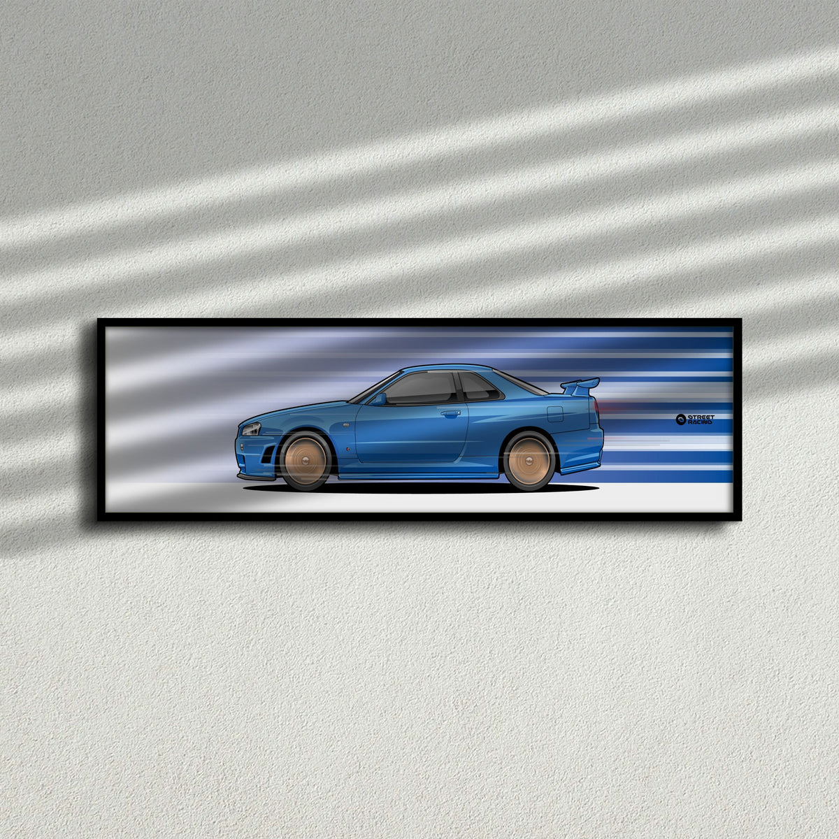 Cuadro arte en movimiento Nissan Skyline GT-R R34 color Bayside Blue en la pared – StreetRacing