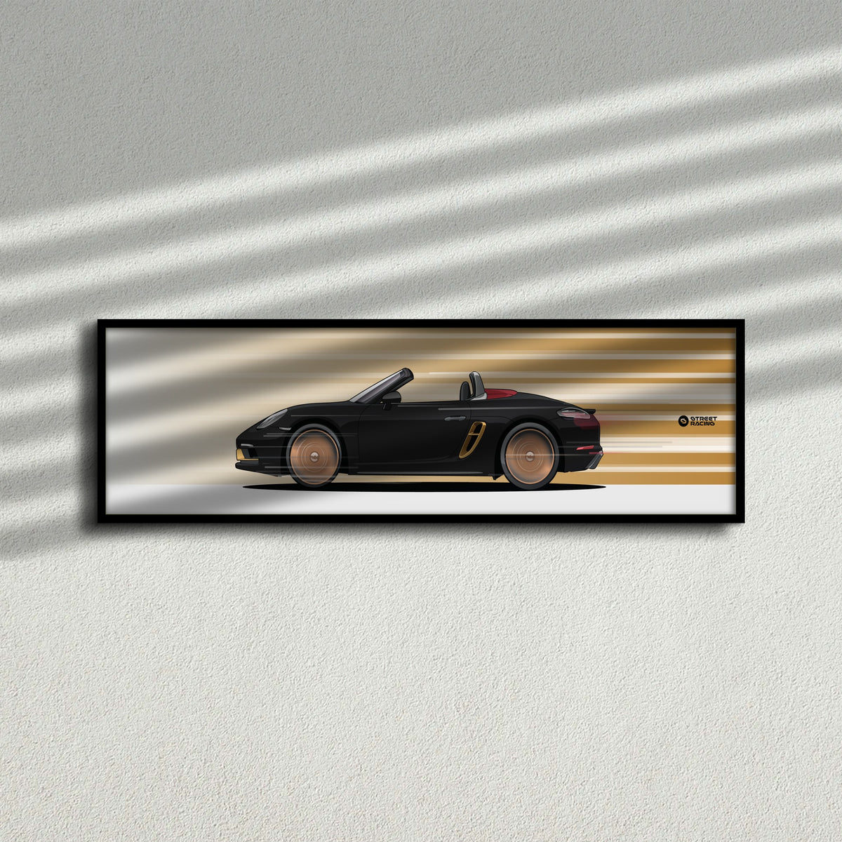 Cuadro arte en movimiento Porsche 718 Boxster 25 Years color Jet Black en la pared – StreetRacing