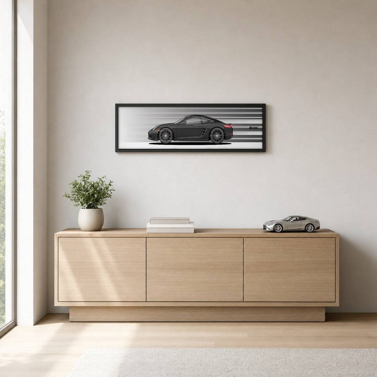 Cuadro arte en movimiento Porsche 718 Cayman S color Agate Grey en un living – StreetRacing