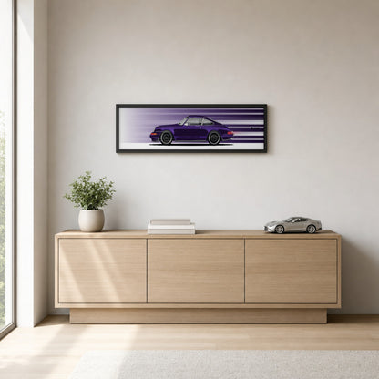 Cuadro arte en movimiento Porsche 911 964 Theon Design color Morado en un living – StreetRacing