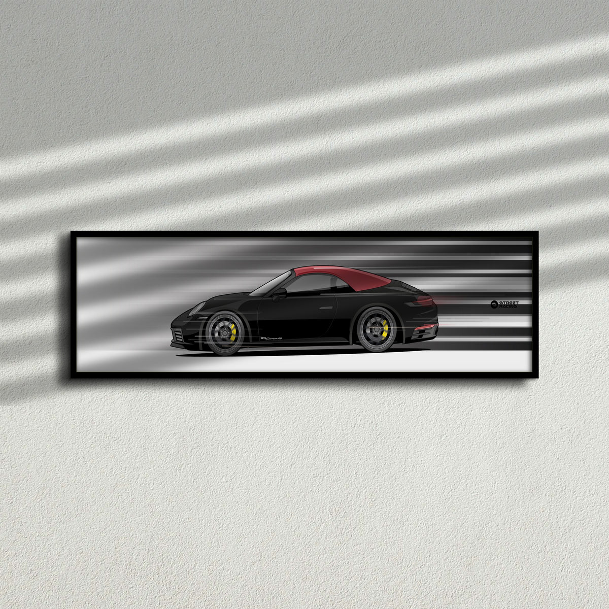 Cuadro arte en movimiento Porsche 911 Carrera Cabriolet 2024 color Black en la pared – StreetRacing