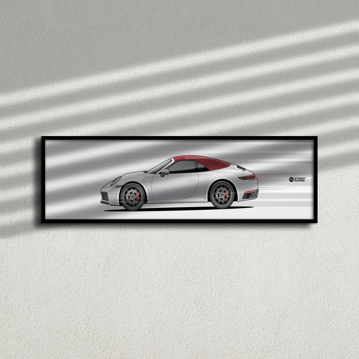 Cuadro arte en movimiento Porsche 911 Carrera Cabriolet 2024 color Carrara White en la pared – StreetRacing