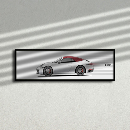 Cuadro arte en movimiento Porsche 911 Carrera Cabriolet 2024 color Carrara White en la pared – StreetRacing