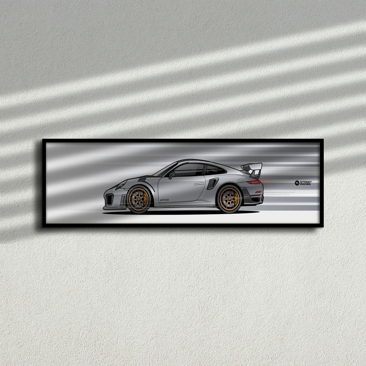 Cuadro arte en movimiento Porsche 911 GT2 RS 991 color GT Silver Weissach en la pared – StreetRacing