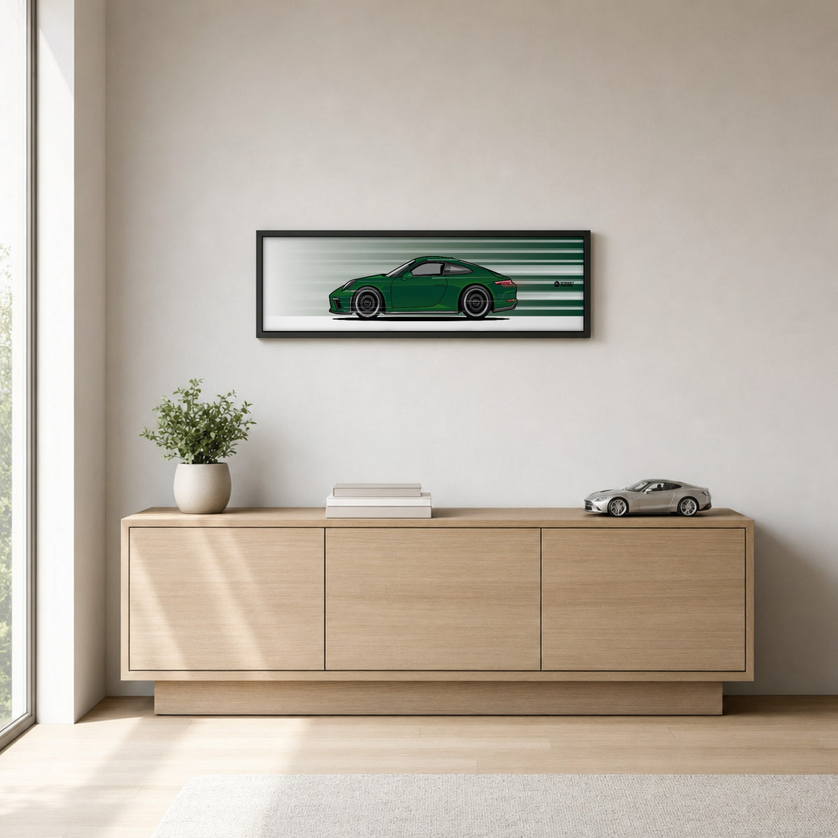 Cuadro arte en movimiento Porsche 911 GT3 Touring 991.2 color Brewster Green en un living – StreetRacing