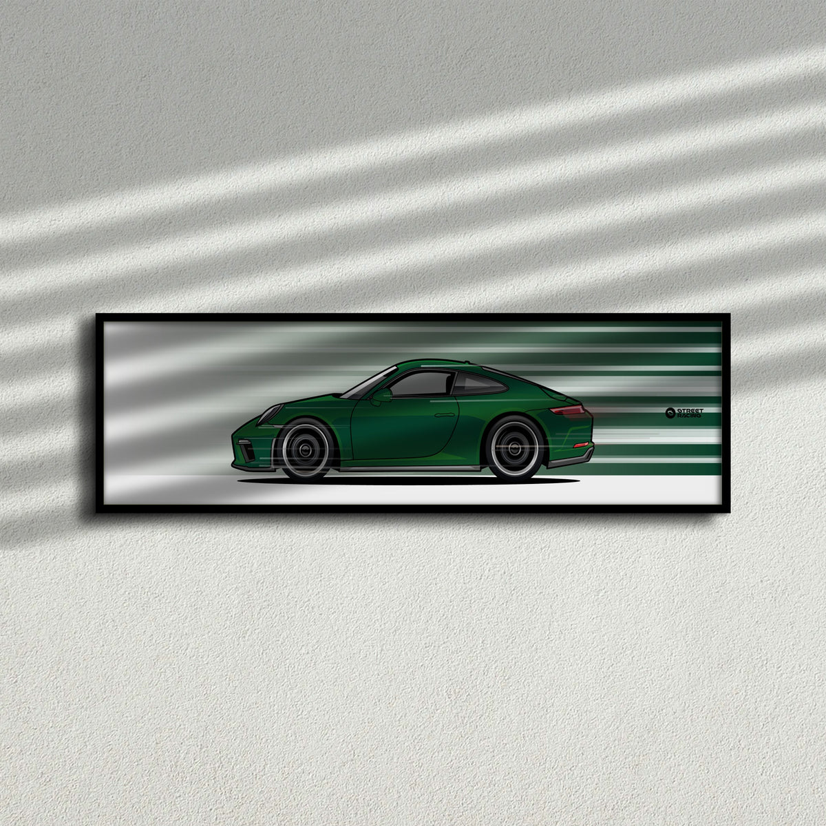 Cuadro arte en movimiento Porsche 911 GT3 Touring 991.2 color Brewster Green en la pared – StreetRacing