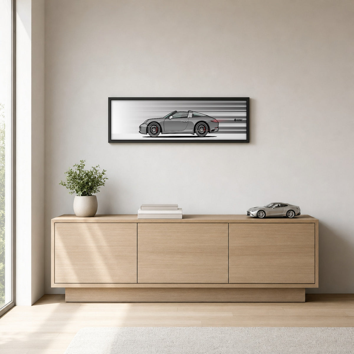 Cuadro arte en movimiento Porsche 911 Targa 4S 991.2 color Agate Grey en un living – StreetRacing