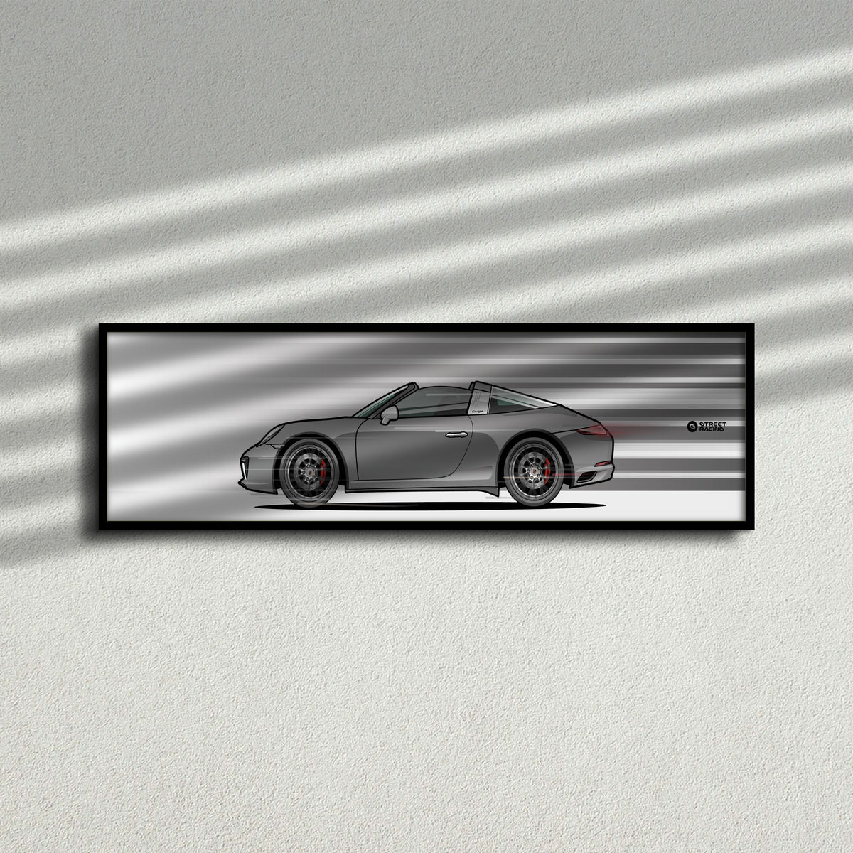 Cuadro arte en movimiento Porsche 911 Targa 4S 991.2 color Agate Grey en la pared – StreetRacing