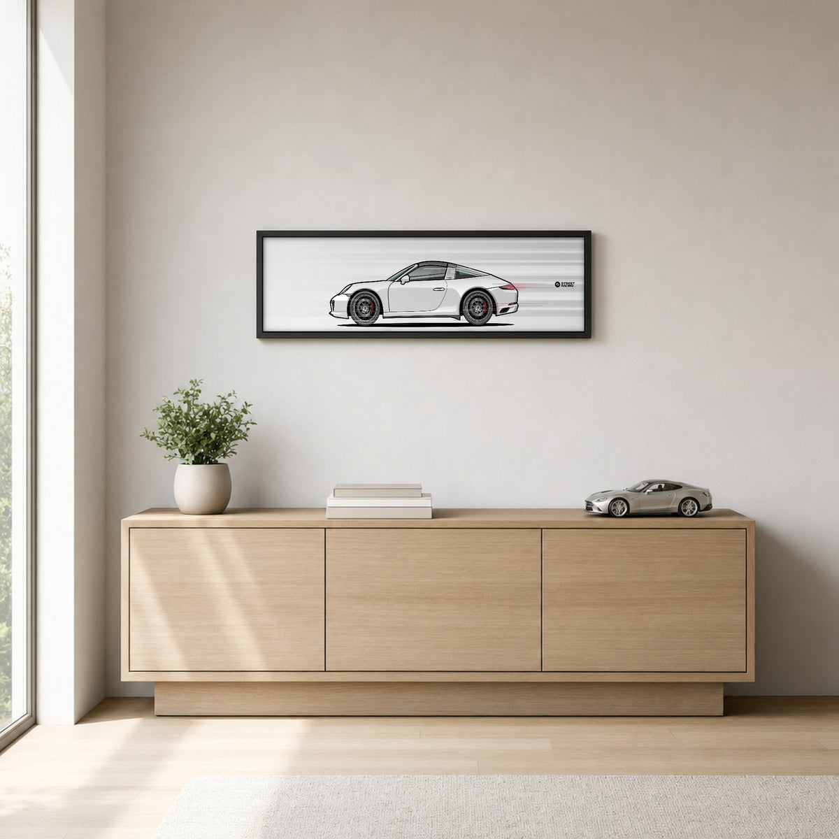 Cuadro arte en movimiento Porsche 911 Targa 4S 991.2 color Carrara White en un living – StreetRacing
