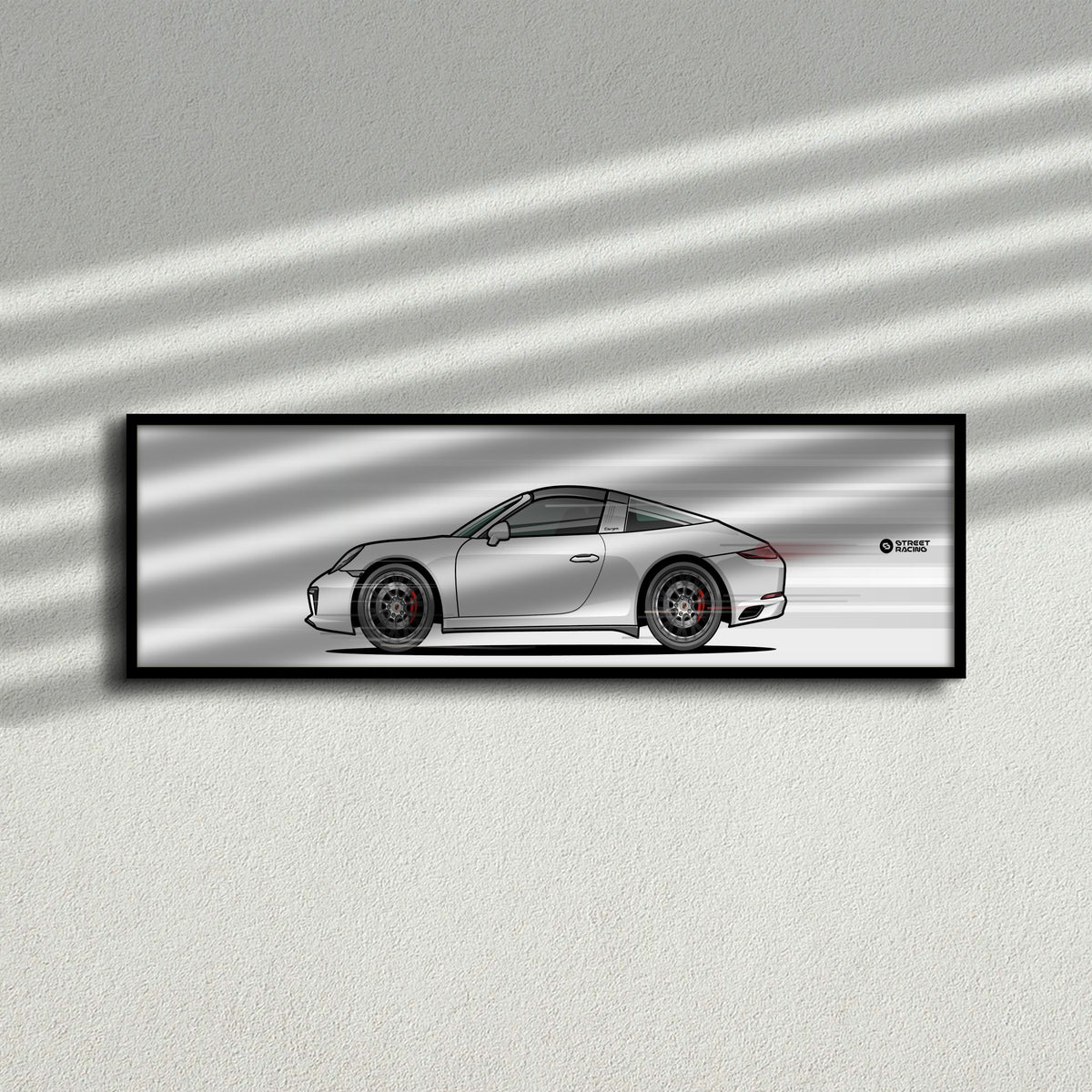 Cuadro arte en movimiento Porsche 911 Targa 4S 991.2 color Carrara White en la pared – StreetRacing