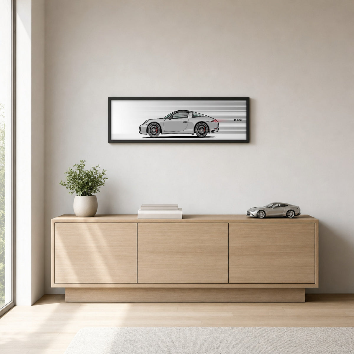Cuadro arte en movimiento Porsche 911 Targa 4S 991.2 color GT Silver en un living – StreetRacing