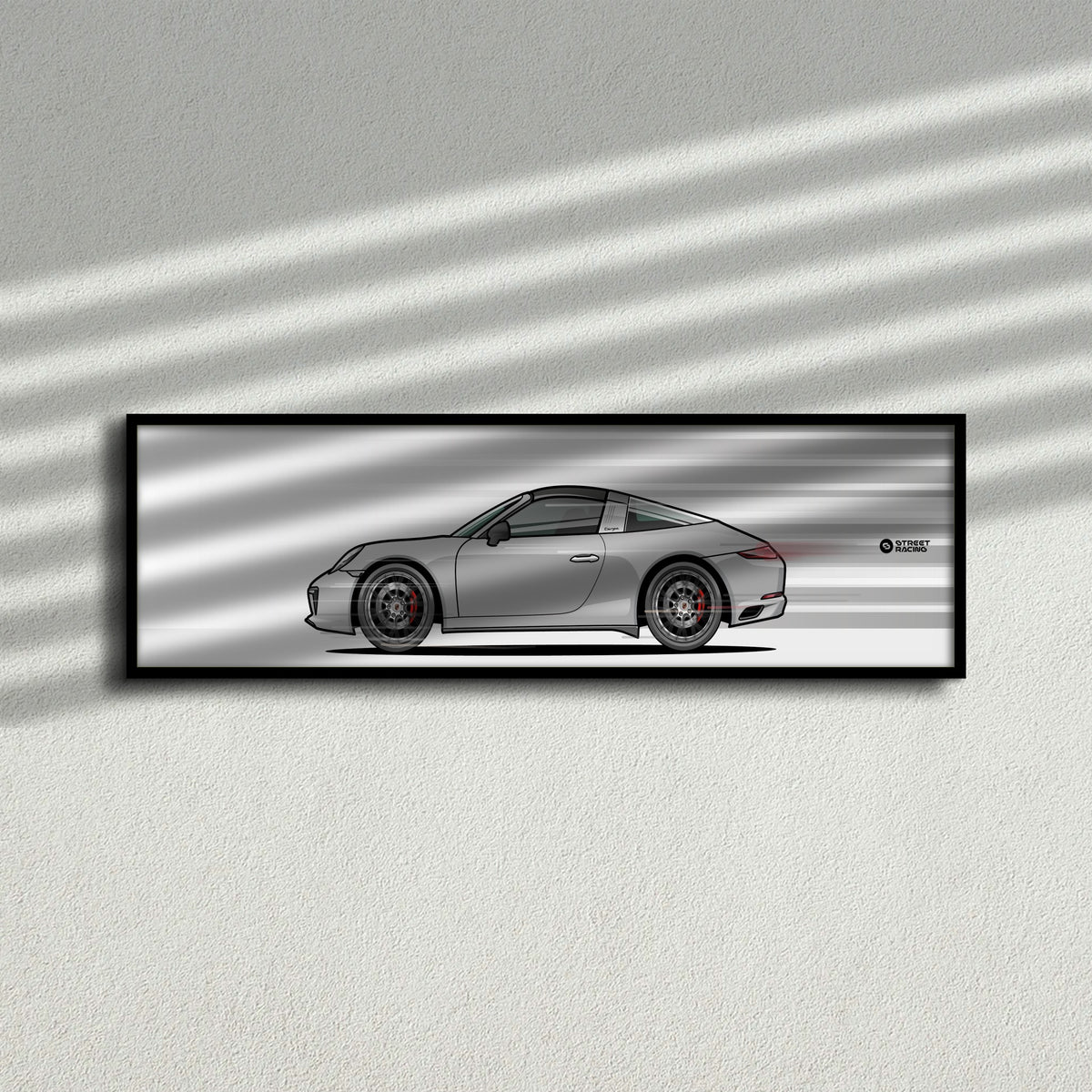 Cuadro arte en movimiento Porsche 911 Targa 4S 991.2 color GT Silver en la pared – StreetRacing