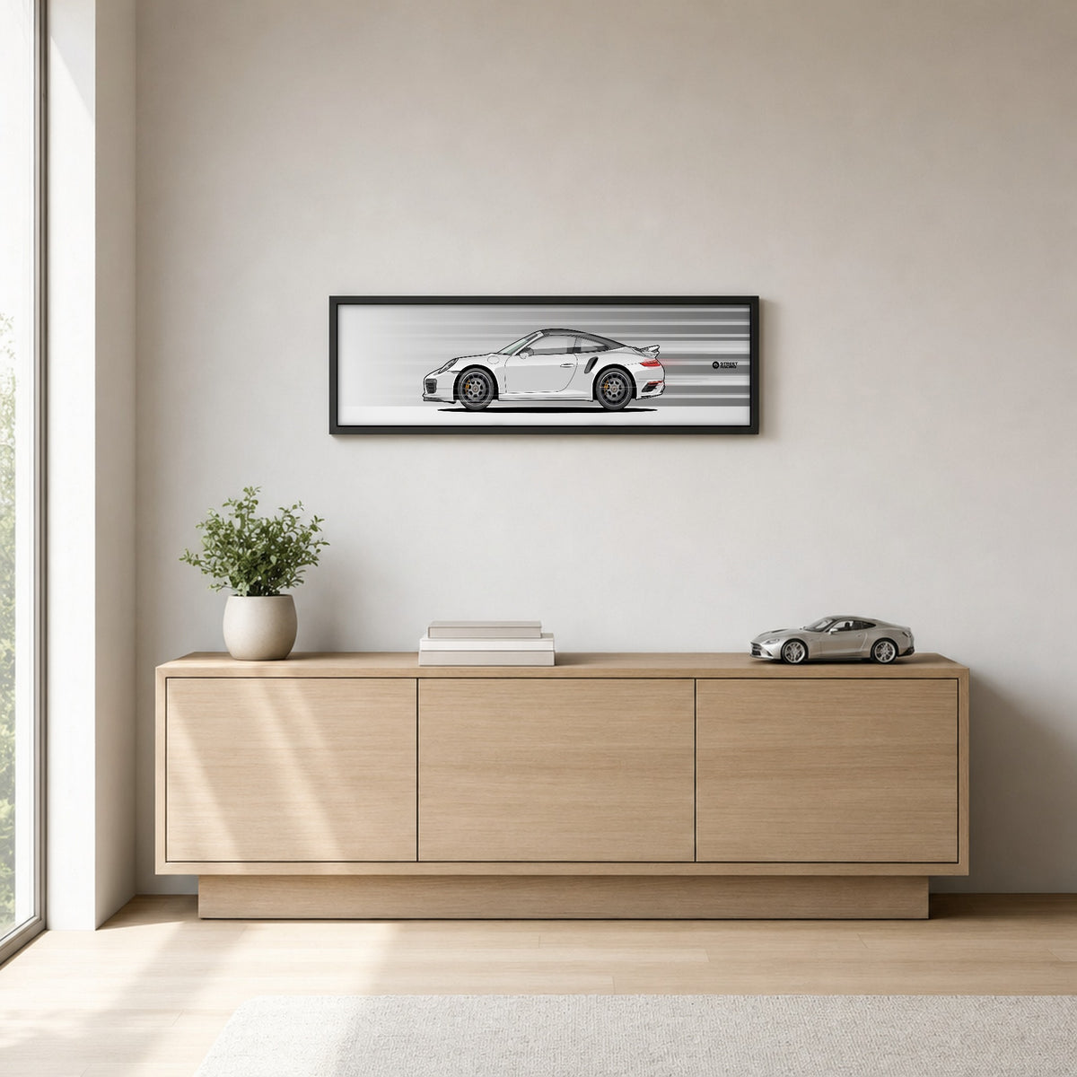 Cuadro arte en movimiento Porsche 911 Turbo S Cabriolet 991.2 color Carrara White en un living – StreetRacing