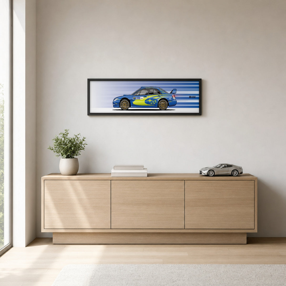 Cuadro arte en movimiento Subaru Impreza WRC S12B Petter Solberg color WR Blue Mica en un living – StreetRacing
