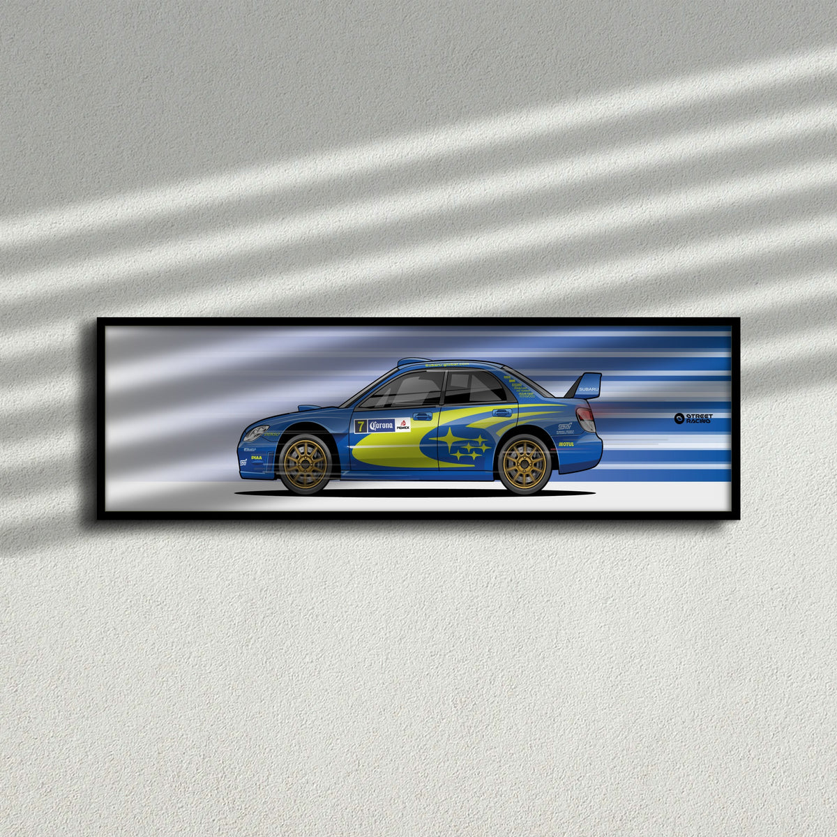 Cuadro arte en movimiento Subaru Impreza WRC S12B Petter Solberg color WR Blue Mica en la pared – StreetRacing
