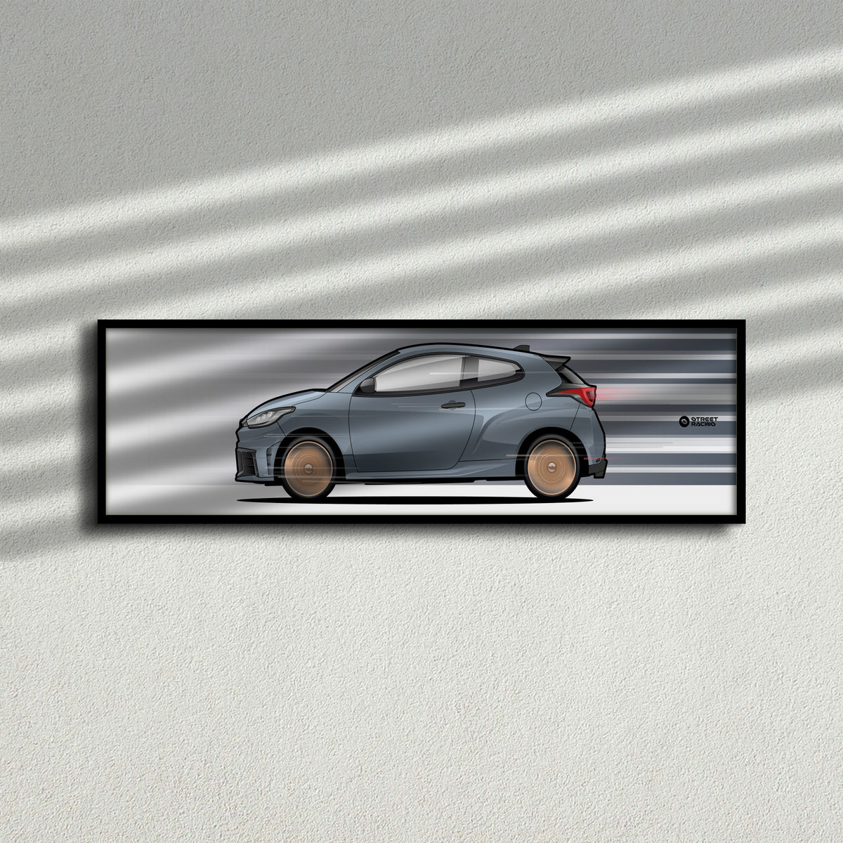Cuadro arte en movimiento Toyota GR Yaris color Gris azulado en la pared – StreetRacing