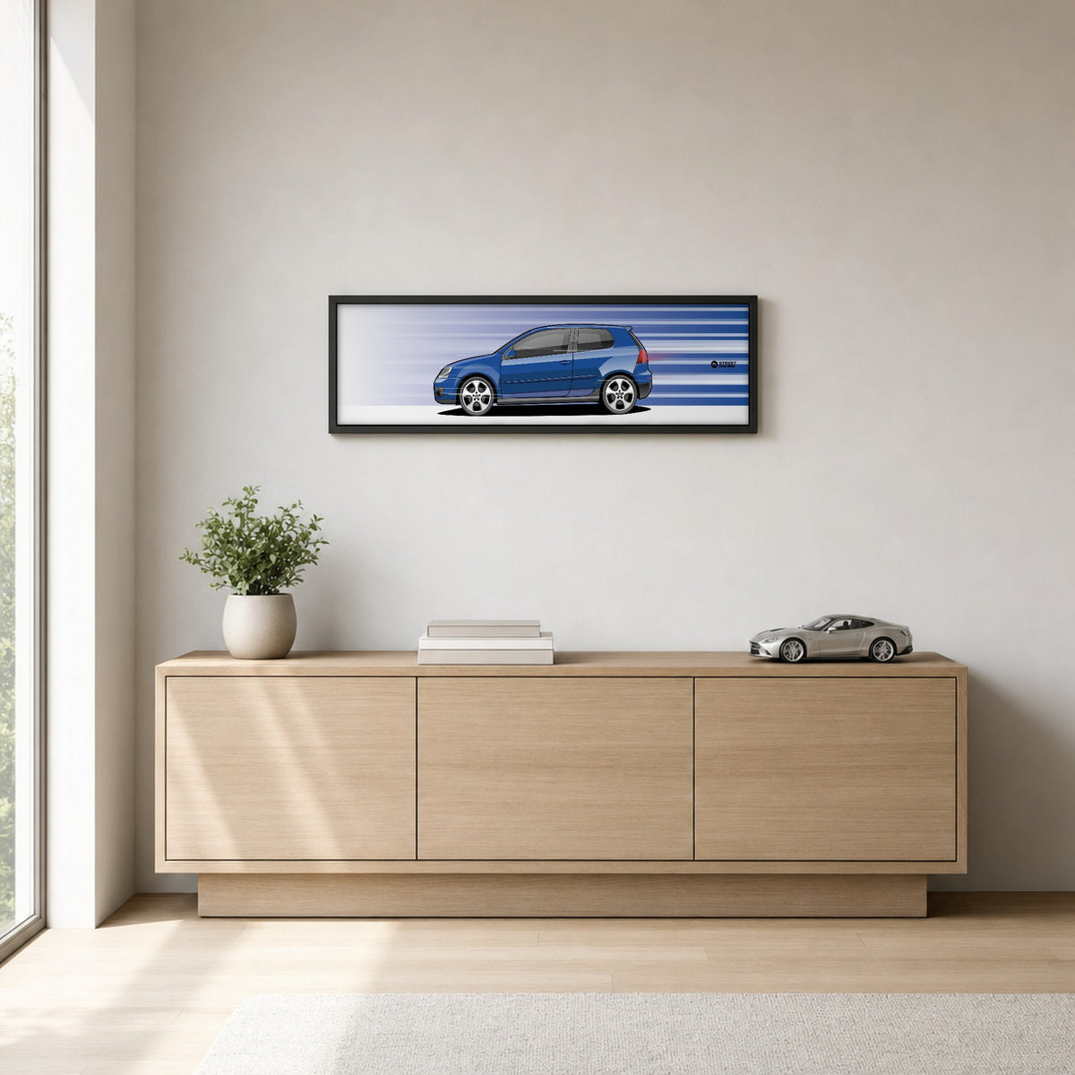 Cuadro arte en movimiento Volkswagen Golf GTI MK5 color Deep Blue Pearl en un living – StreetRacing