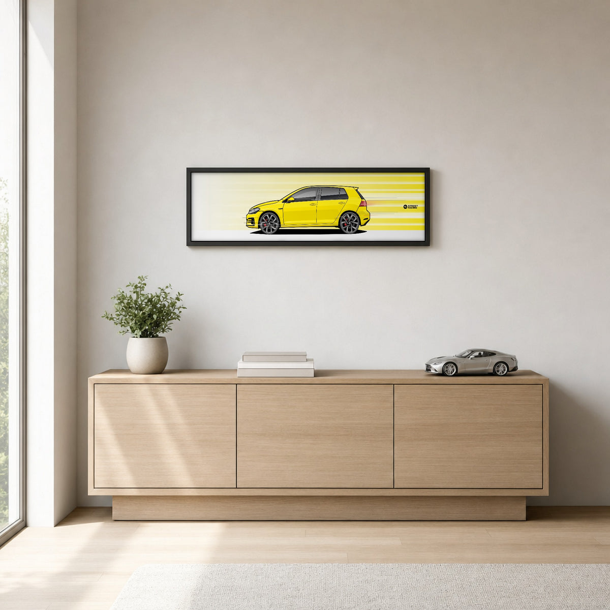 Cuadro arte en movimiento Volkswagen Golf GTI MK7.5 color Amarillo en un living – StreetRacing