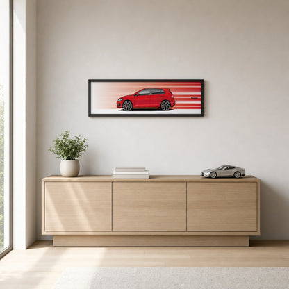 Cuadro arte en movimiento Volkswagen Golf GTI MK7.5 color Tornado Red en un living – StreetRacing