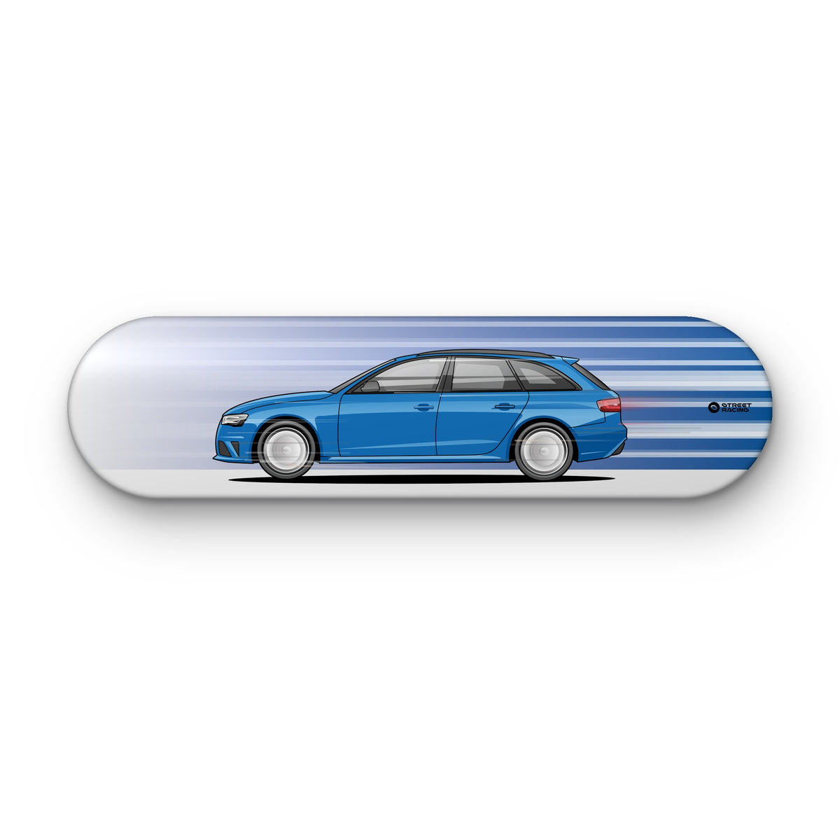 Tabla decorativa skate Audi RS4 Avant 2014 Sepang Blue fondo Movimiento sobre fondo blanco – StreetRacing
