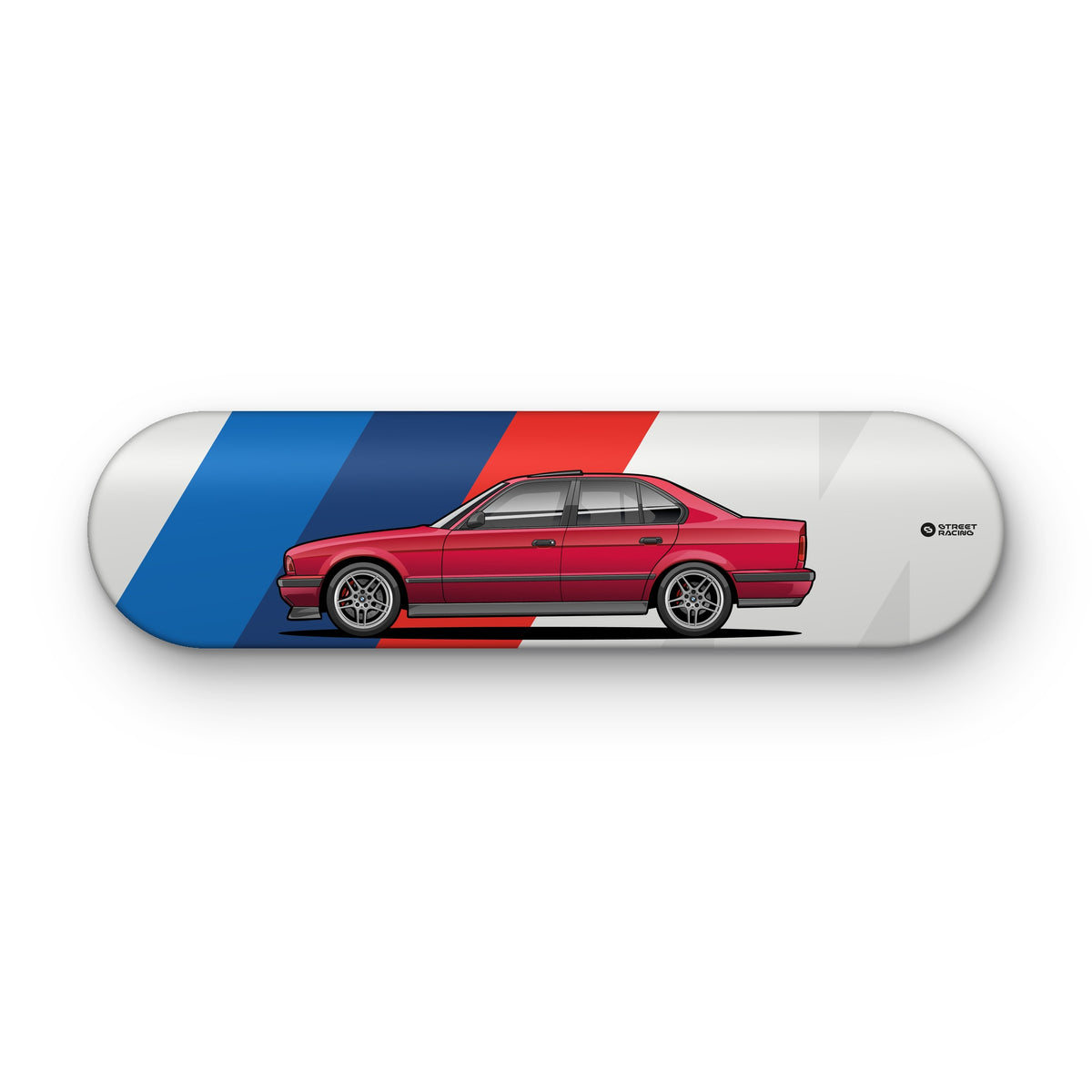Tabla decorativa skate BMW 540i E34 Calypso Red fondo BMW M sobre fondo blanco – StreetRacing