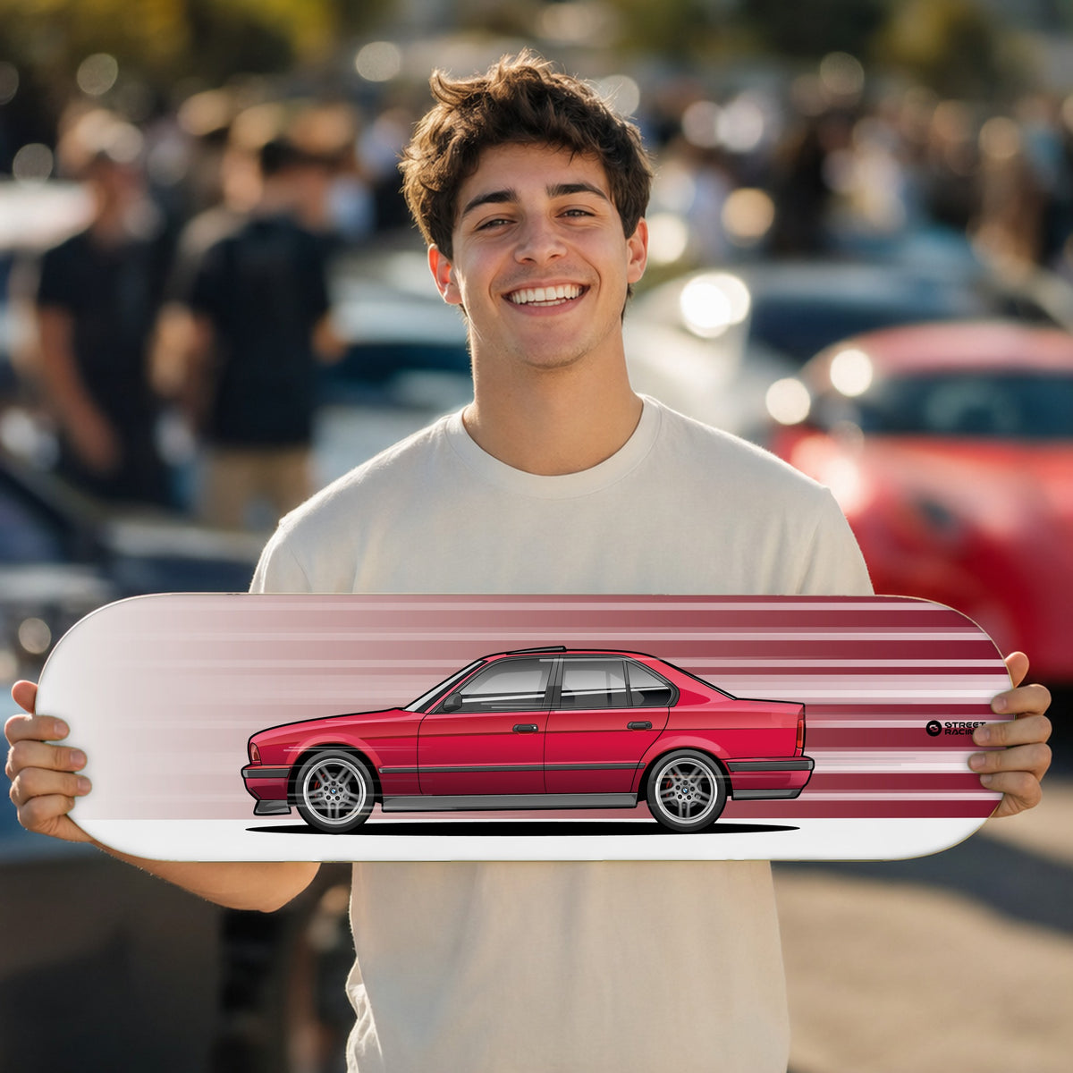Tabla decorativa skate BMW 540i E34 Calypso Red fondo Movimiento en un car meet – StreetRacing