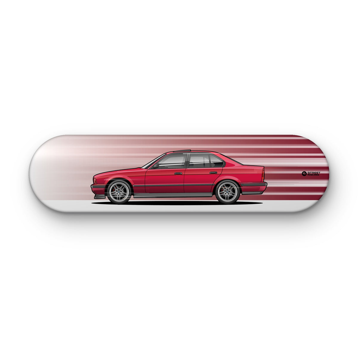 Tabla decorativa skate BMW 540i E34 Calypso Red fondo Movimiento sobre fondo blanco – StreetRacing