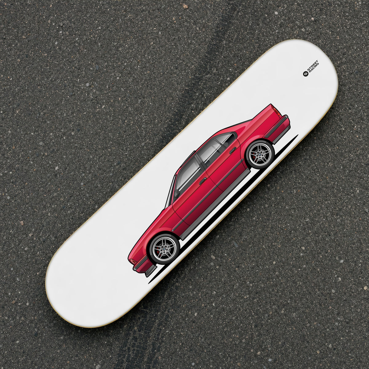 Tabla decorativa skate BMW 540i E34 Calypso Red fondo Plano sobre el asfalto – StreetRacing