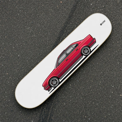 Tabla decorativa skate BMW 540i E34 Calypso Red fondo Plano sobre el asfalto – StreetRacing