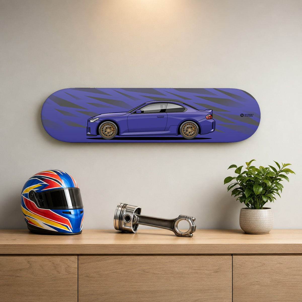Tabla decorativa skate BMW M2 CS Twilight Purple fondo Fragmentos en un living – StreetRacing