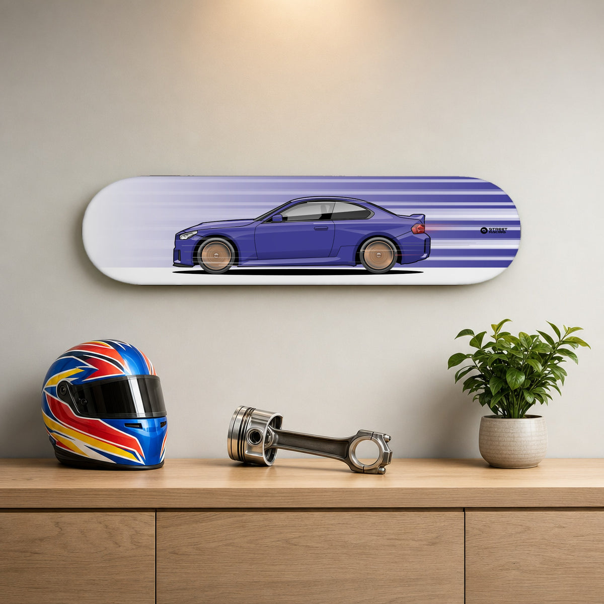Tabla decorativa skate BMW M2 CS Twilight Purple fondo Movimiento en un living – StreetRacing